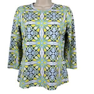 J. McLaughlin Knit Top Catalina Cloth 3/4 Sleeve Floral Green Blue Small Resort
